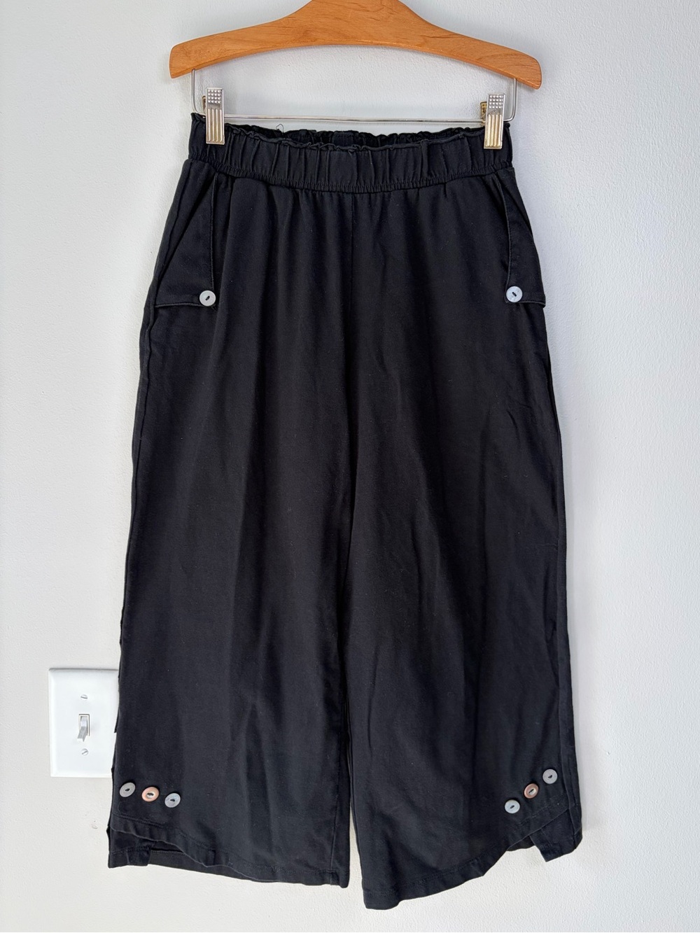 Neon Buddha Black Mix Match Button Detail Wide Leg Capri Gaucho Pants
